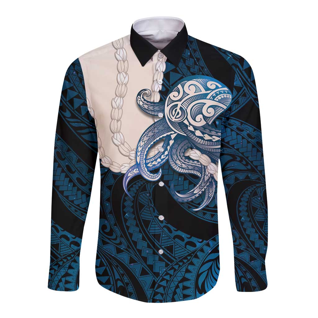 Blue Galaxy Polynesia Tribal Octopus Tattoo Long Sleeve Button Shirt Pikake Lei Polynesian Pattern LT14 Unisex Blue - Polynesian Pride