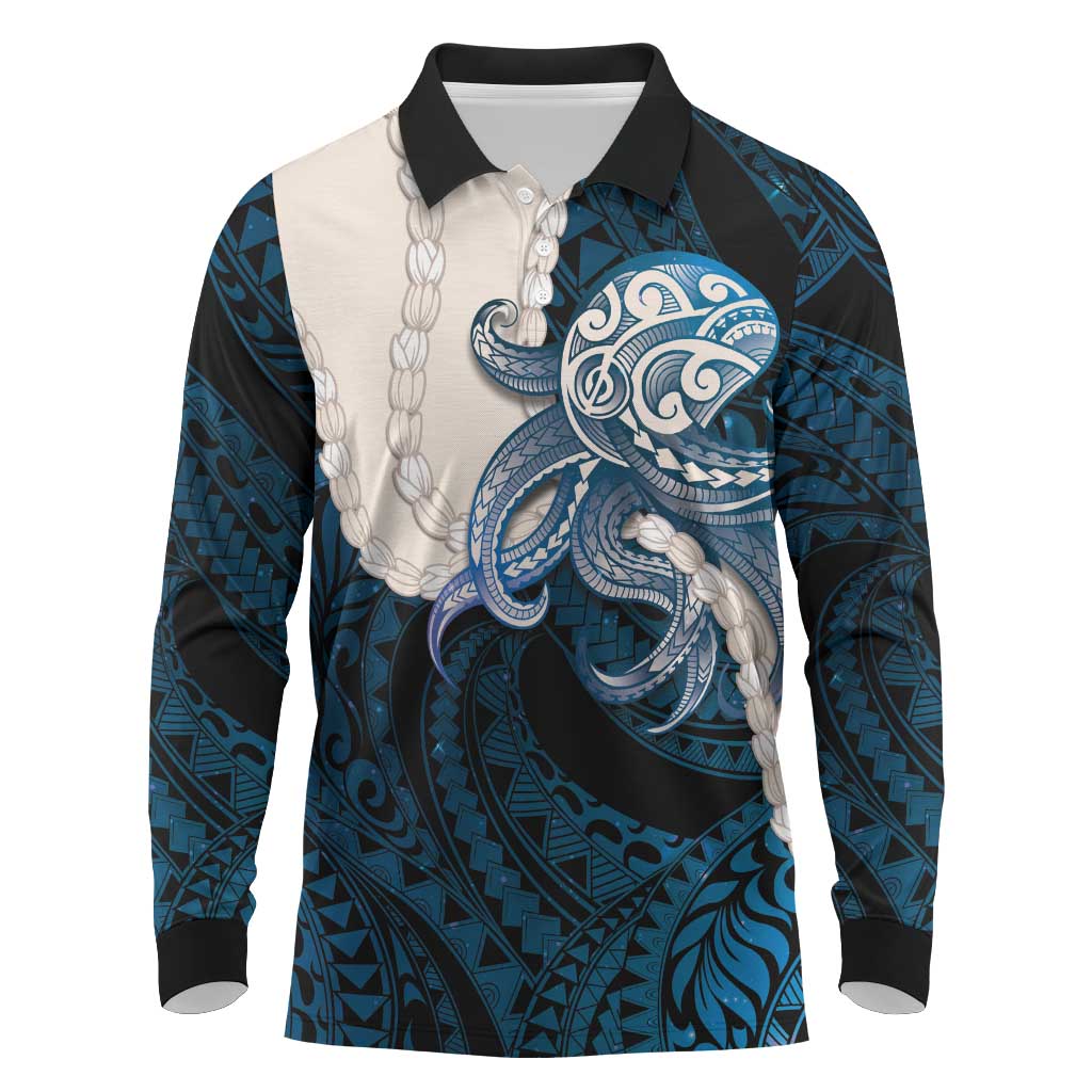 Blue Galaxy Polynesia Tribal Octopus Tattoo Long Sleeve Polo Shirt Pikake Lei Polynesian Pattern LT14 Blue - Polynesian Pride