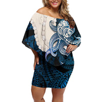 Blue Galaxy Polynesia Tribal Octopus Tattoo Off Shoulder Short Dress Pikake Lei Polynesian Pattern LT14 Women Blue - Polynesian Pride