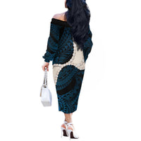 Blue Galaxy Polynesia Tribal Octopus Tattoo Off The Shoulder Long Sleeve Dress Pikake Lei Polynesian Pattern LT14 - Polynesian Pride