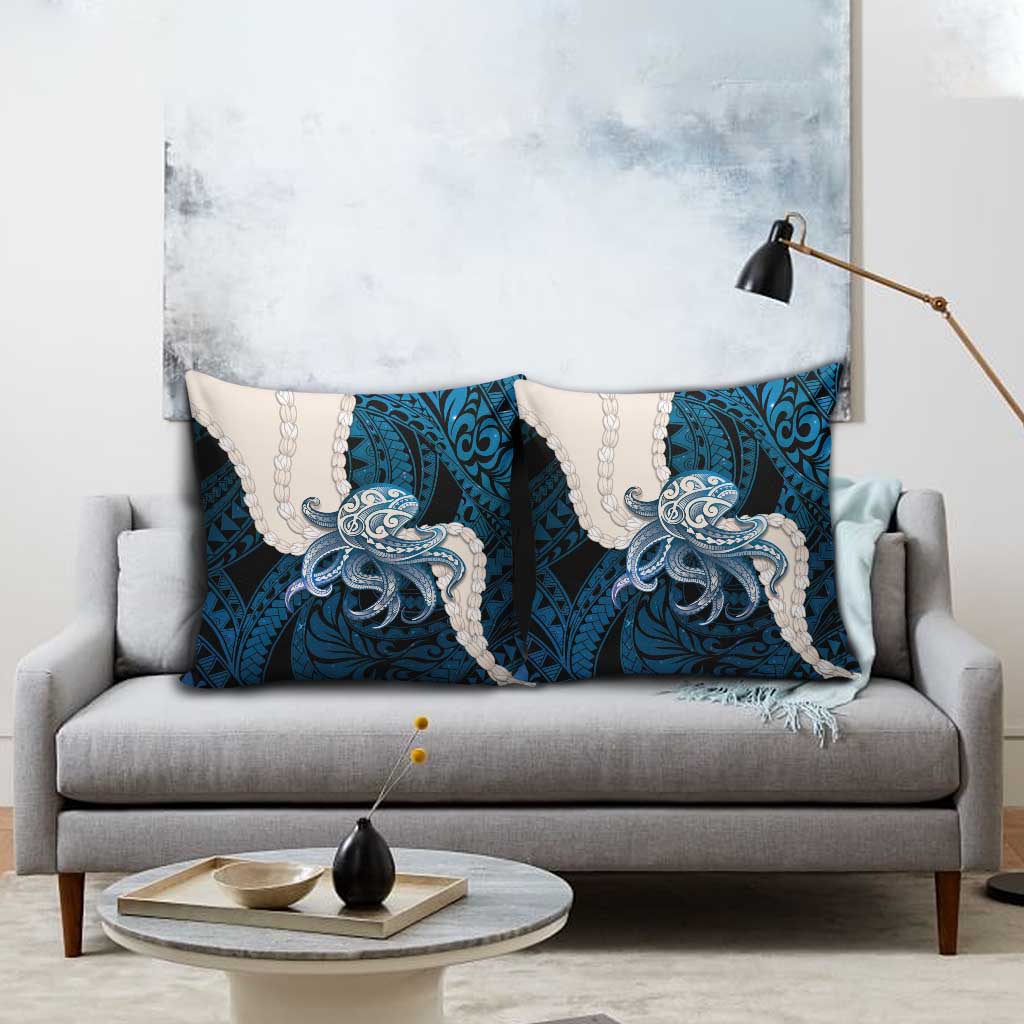 Blue Galaxy Polynesia Tribal Octopus Tattoo Pillow Cover Pikake Lei Polynesian Pattern