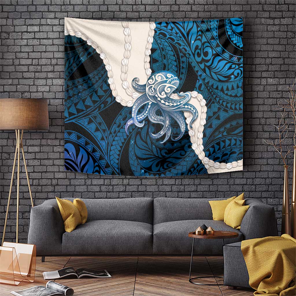 Blue Galaxy Polynesia Tribal Octopus Tattoo Tapestry Pikake Lei Polynesian Pattern
