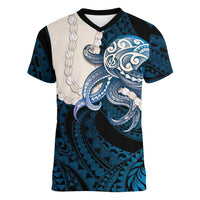 Blue Galaxy Polynesia Tribal Octopus Tattoo Women V-Neck T-Shirt Pikake Lei Polynesian Pattern LT14 Female Blue - Polynesian Pride