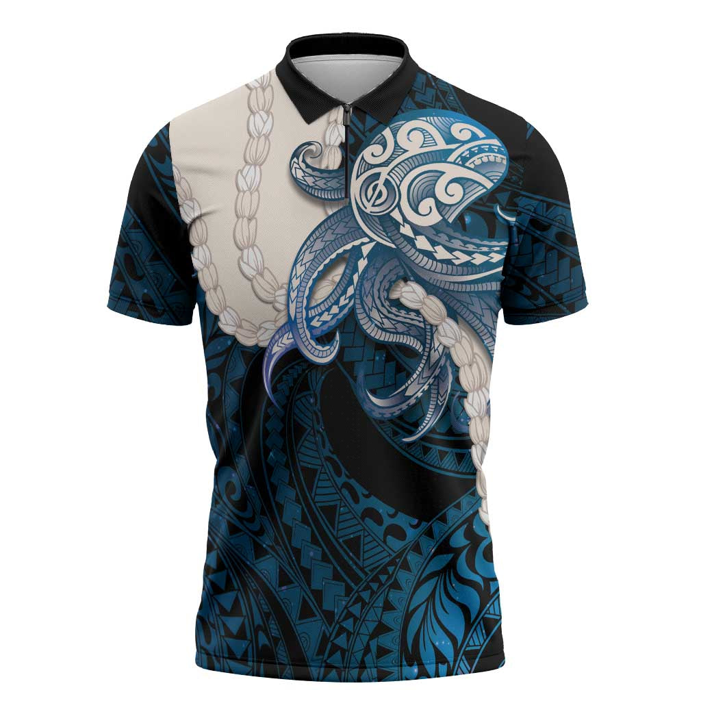 Blue Galaxy Polynesia Tribal Octopus Tattoo Zipper Polo Shirt Pikake Lei Polynesian Pattern LT14 Blue - Polynesian Pride