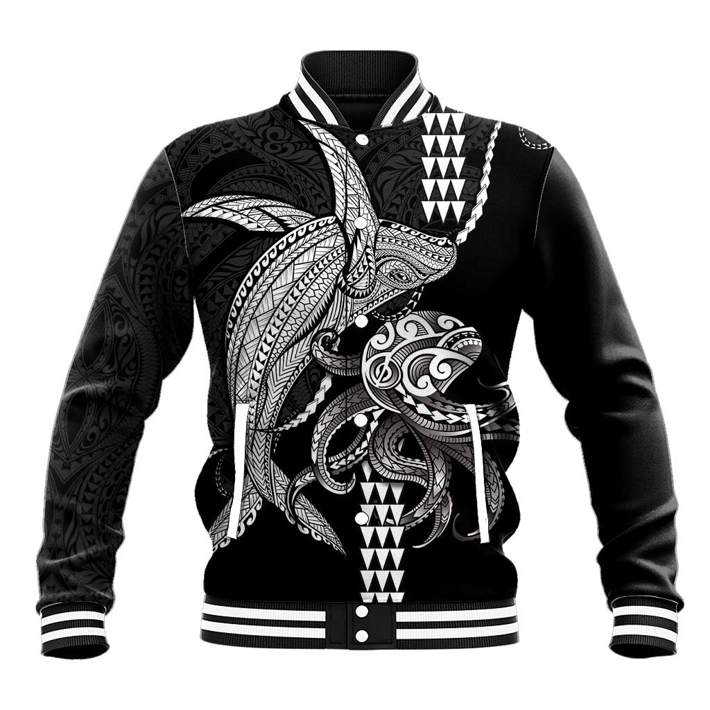 Kanaloa Aloha Hawaii Baseball Jacket Humpback Whale Octopus Tattoo Kakau Pattern LT14 Unisex Black - Polynesian Pride