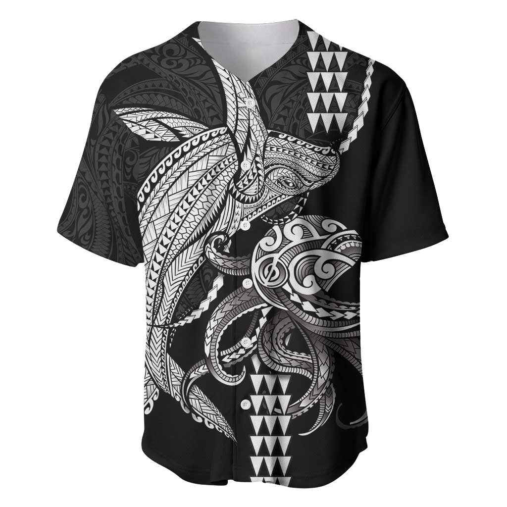 Kanaloa Aloha Hawaii Baseball Jersey Humpback Whale Octopus Tattoo Kakau Pattern LT14 Black - Polynesian Pride