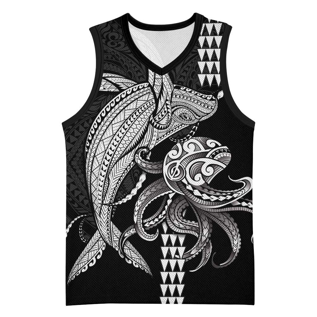 Kanaloa Aloha Hawaii Basketball Jersey Humpback Whale Octopus Tattoo Kakau Pattern LT14 Unisex Black - Polynesian Pride