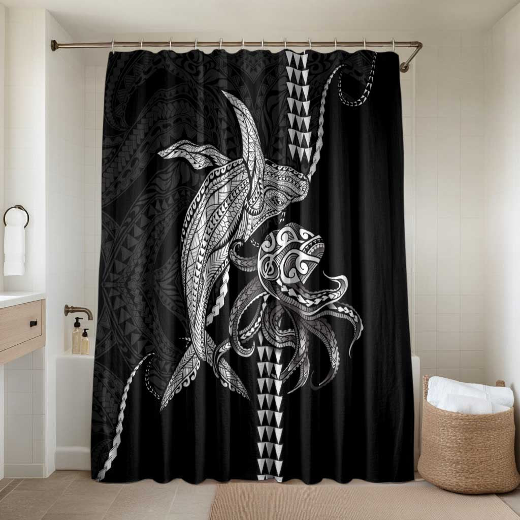 Kanaloa Aloha Hawaii Bathroom Set Humpback Whale Octopus Tattoo Kakau Pattern LT14 Shower Curtain Only Black - Polynesian Pride