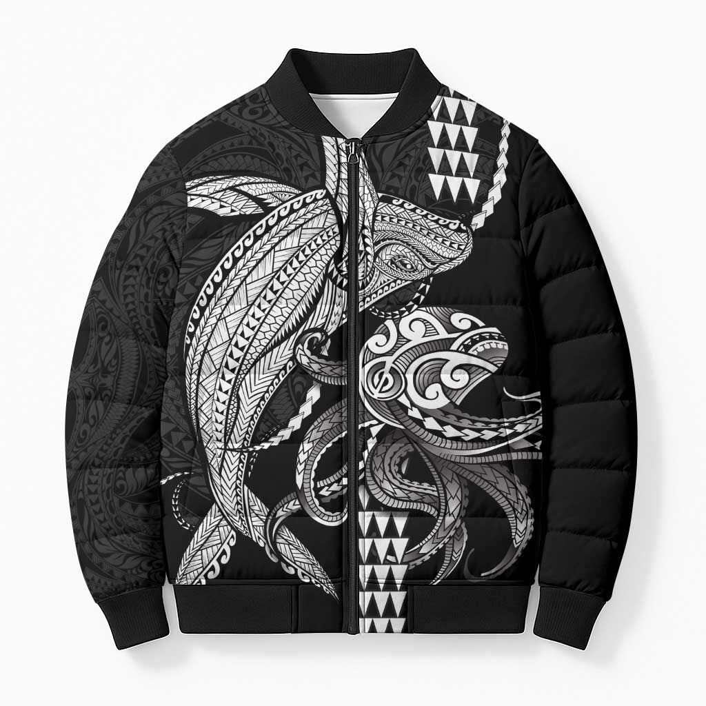 Kanaloa Aloha Hawaii Bomber Puffer Jacket Humpback Whale Octopus Tattoo Kakau Pattern LT14 Unisex Black - Polynesian Pride