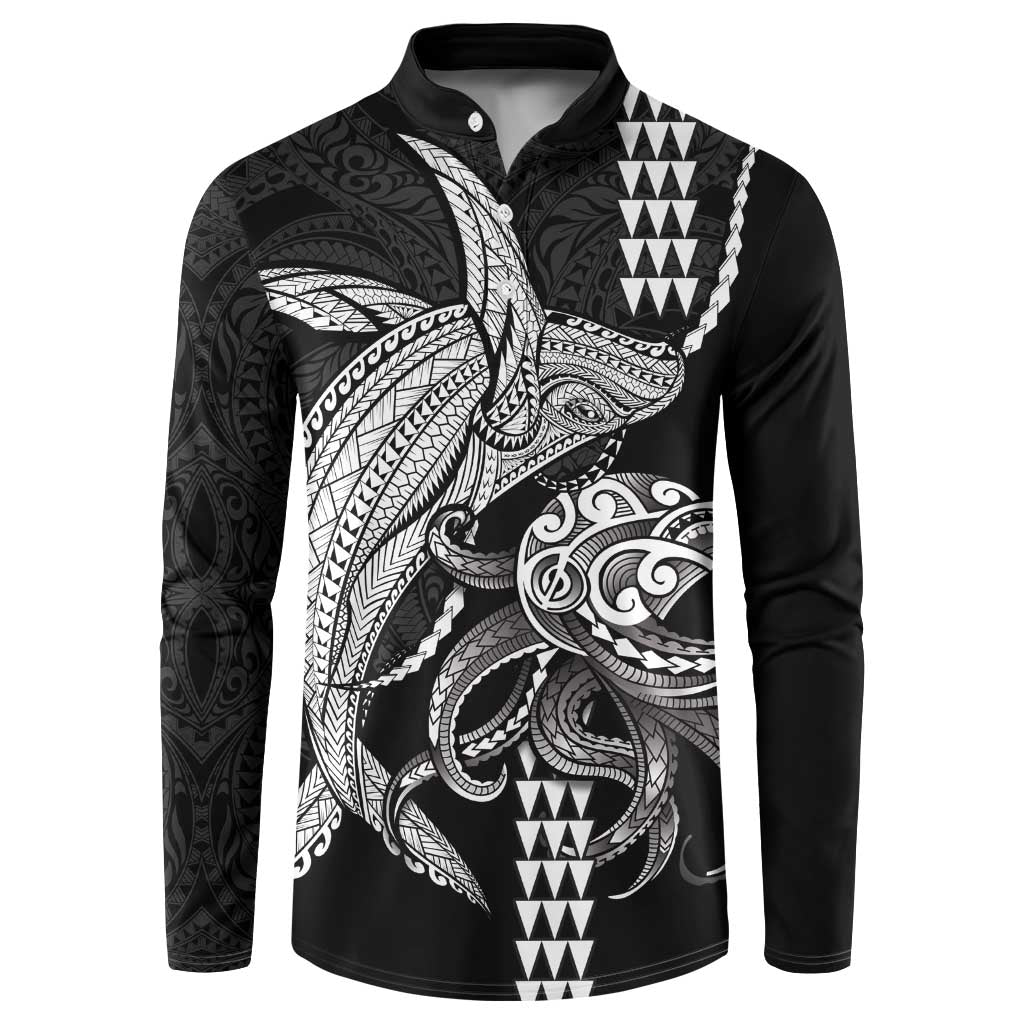 Kanaloa Aloha Hawaii Button Sweatshirt Humpback Whale Octopus Tattoo Kakau Pattern LT14 Black - Polynesian Pride