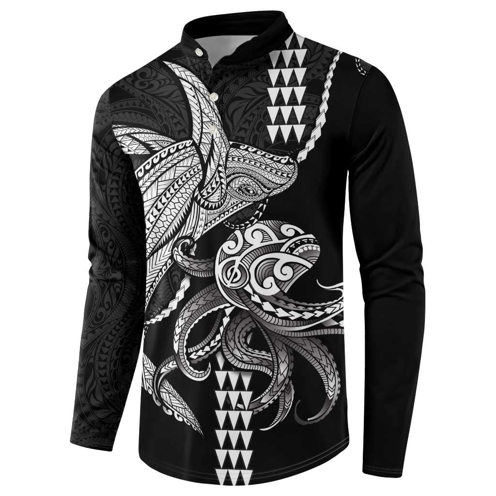 Kanaloa Aloha Hawaii Button Sweatshirt Humpback Whale Octopus Tattoo Kakau Pattern LT14 - Polynesian Pride