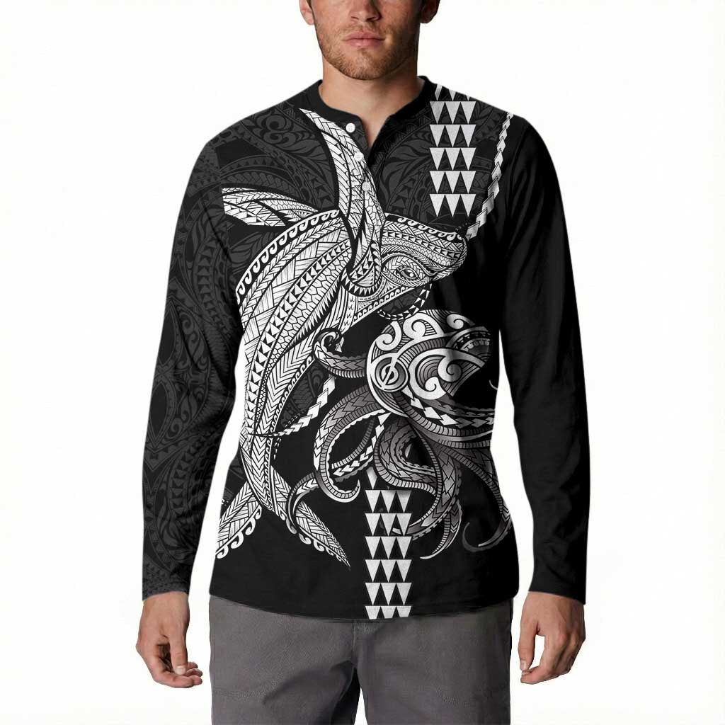 Kanaloa Aloha Hawaii Button Sweatshirt Humpback Whale Octopus Tattoo Kakau Pattern LT14 - Polynesian Pride