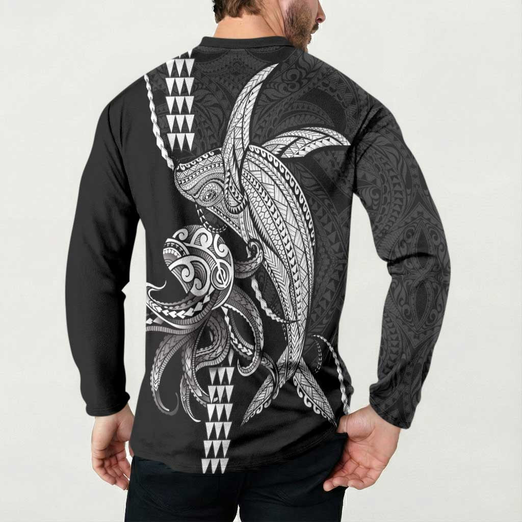 Kanaloa Aloha Hawaii Button Sweatshirt Humpback Whale Octopus Tattoo Kakau Pattern LT14 - Polynesian Pride