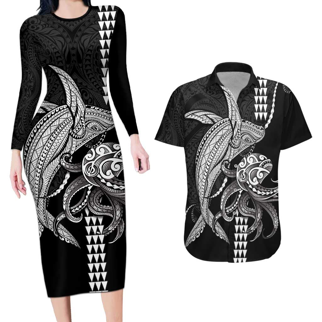 Kanaloa Aloha Hawaii Couples Matching Long Sleeve Bodycon Dress and Hawaiian Shirt Humpback Whale Octopus Tattoo Kakau Pattern LT14 Black - Polynesian Pride