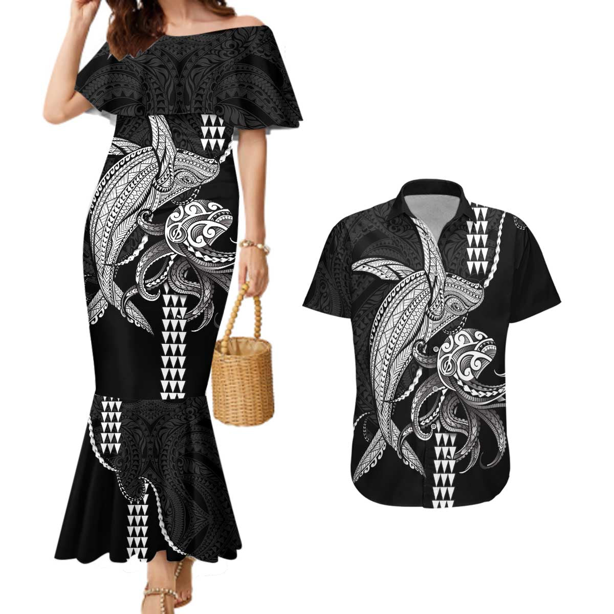 Kanaloa Aloha Hawaii Couples Matching Mermaid Dress and Hawaiian Shirt Humpback Whale Octopus Tattoo Kakau Pattern