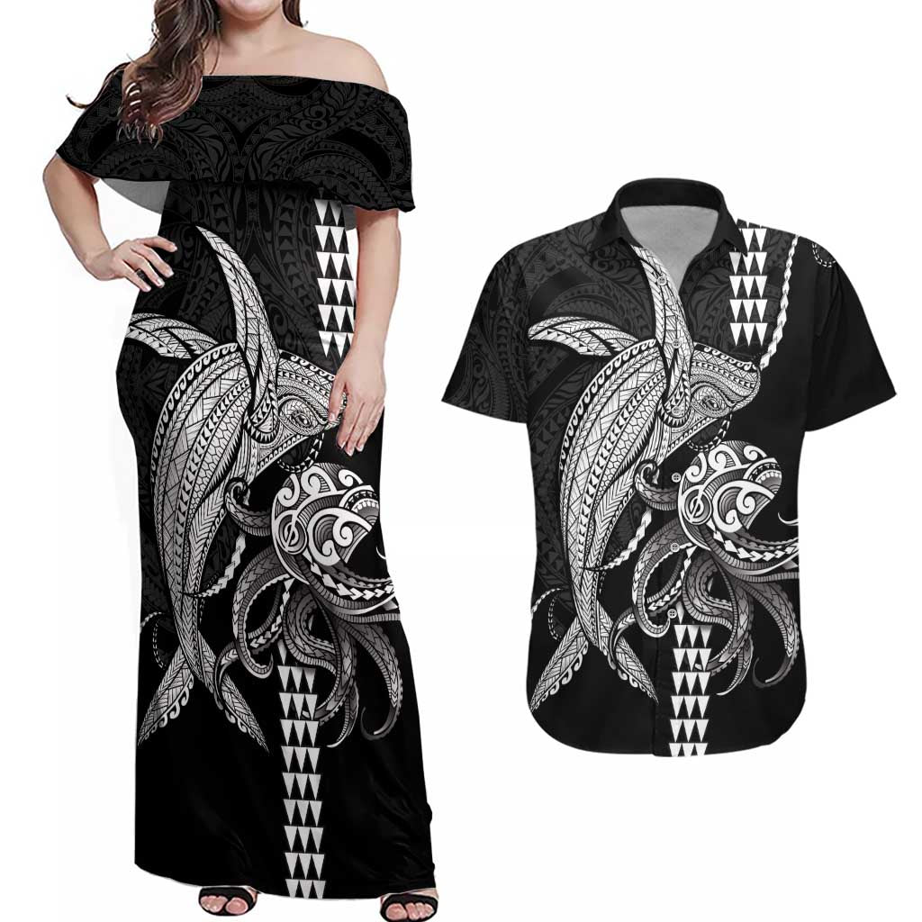 Kanaloa Aloha Hawaii Couples Matching Off Shoulder Maxi Dress and Hawaiian Shirt Humpback Whale Octopus Tattoo Kakau Pattern LT14 Black - Polynesian Pride