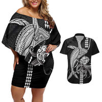 Kanaloa Aloha Hawaii Couples Matching Off Shoulder Short Dress and Hawaiian Shirt Humpback Whale Octopus Tattoo Kakau Pattern