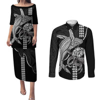 Kanaloa Aloha Hawaii Couples Matching Puletasi and Long Sleeve Button Shirt Humpback Whale Octopus Tattoo Kakau Pattern LT14 Black - Polynesian Pride