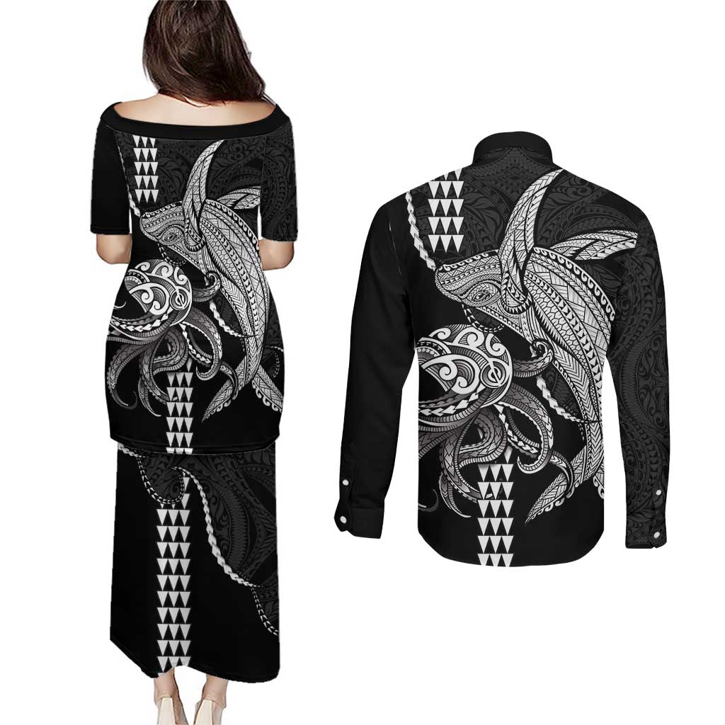 Kanaloa Aloha Hawaii Couples Matching Puletasi and Long Sleeve Button Shirt Humpback Whale Octopus Tattoo Kakau Pattern LT14 - Polynesian Pride