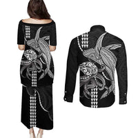 Kanaloa Aloha Hawaii Couples Matching Puletasi and Long Sleeve Button Shirt Humpback Whale Octopus Tattoo Kakau Pattern LT14 - Polynesian Pride