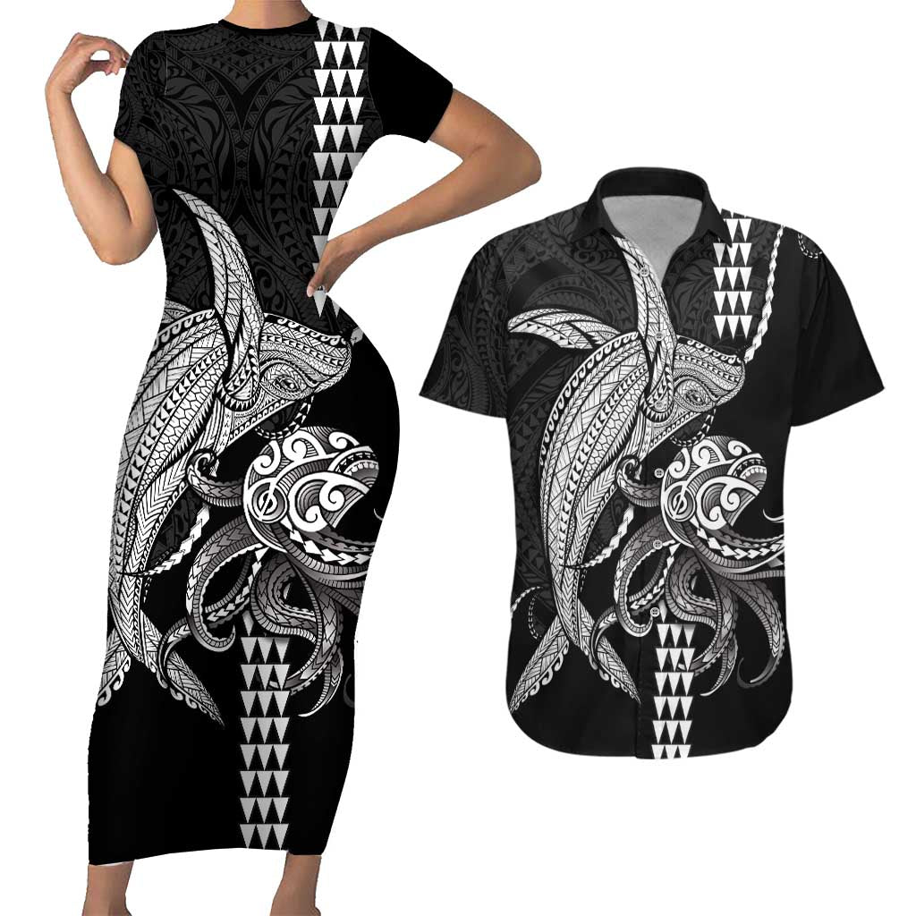 Kanaloa Aloha Hawaii Couples Matching Short Sleeve Bodycon Dress and Hawaiian Shirt Humpback Whale Octopus Tattoo Kakau Pattern LT14 Black - Polynesian Pride