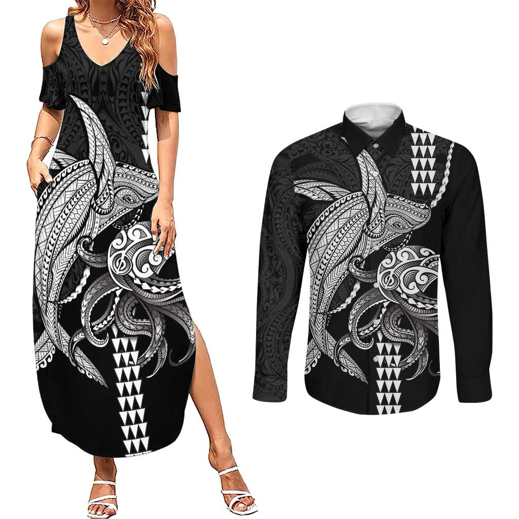 Kanaloa Aloha Hawaii Couples Matching Summer Maxi Dress and Long Sleeve Button Shirt Humpback Whale Octopus Tattoo Kakau Pattern LT14 Black - Polynesian Pride