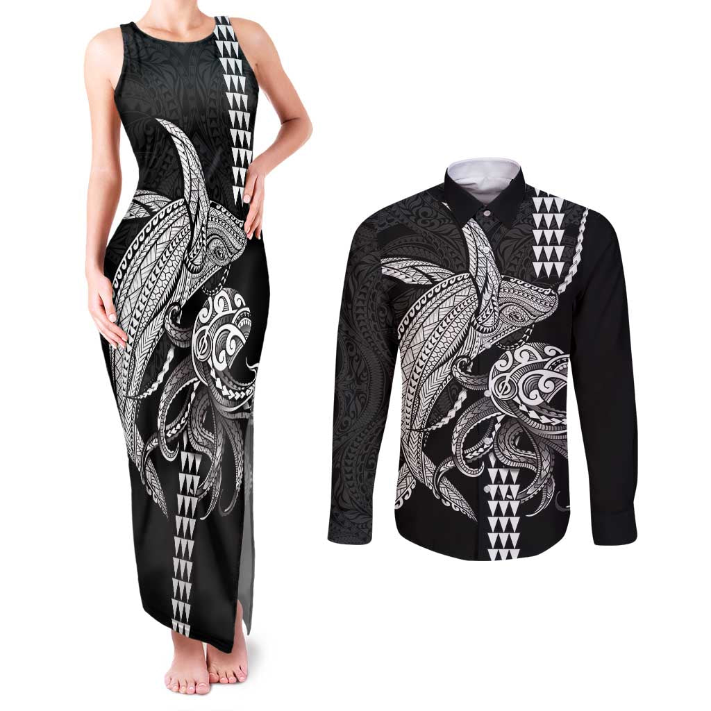 Kanaloa Aloha Hawaii Couples Matching Tank Maxi Dress and Long Sleeve Button Shirt Humpback Whale Octopus Tattoo Kakau Pattern LT14 Black - Polynesian Pride