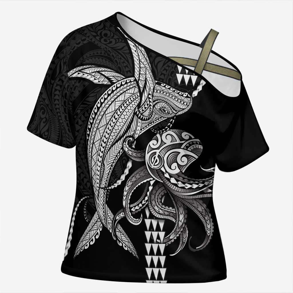 Kanaloa Aloha Hawaii Cross Shoulder Shirt Humpback Whale Octopus Tattoo Kakau Pattern LT14 Female Black - Polynesian Pride