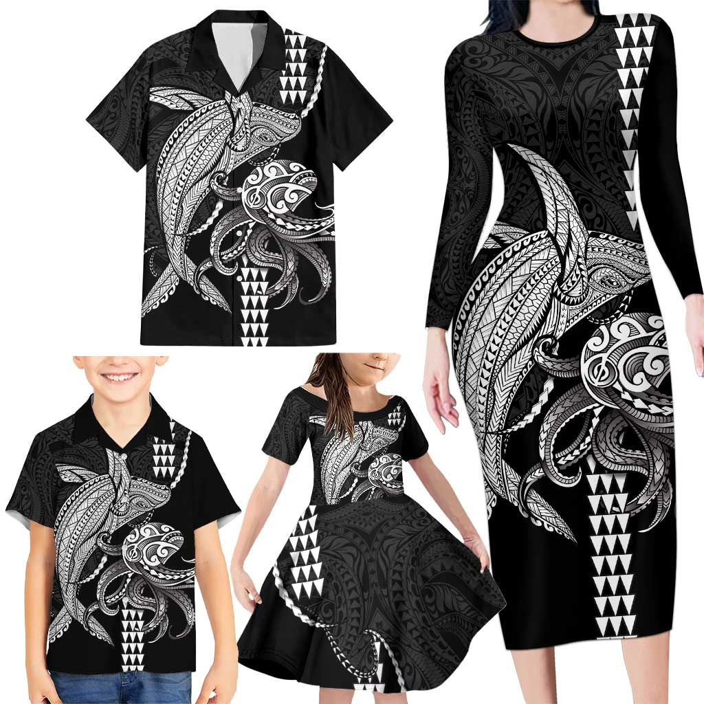 Kanaloa Aloha Hawaii Family Matching Long Sleeve Bodycon Dress and Hawaiian Shirt Humpback Whale Octopus Tattoo Kakau Pattern LT14 - Polynesian Pride