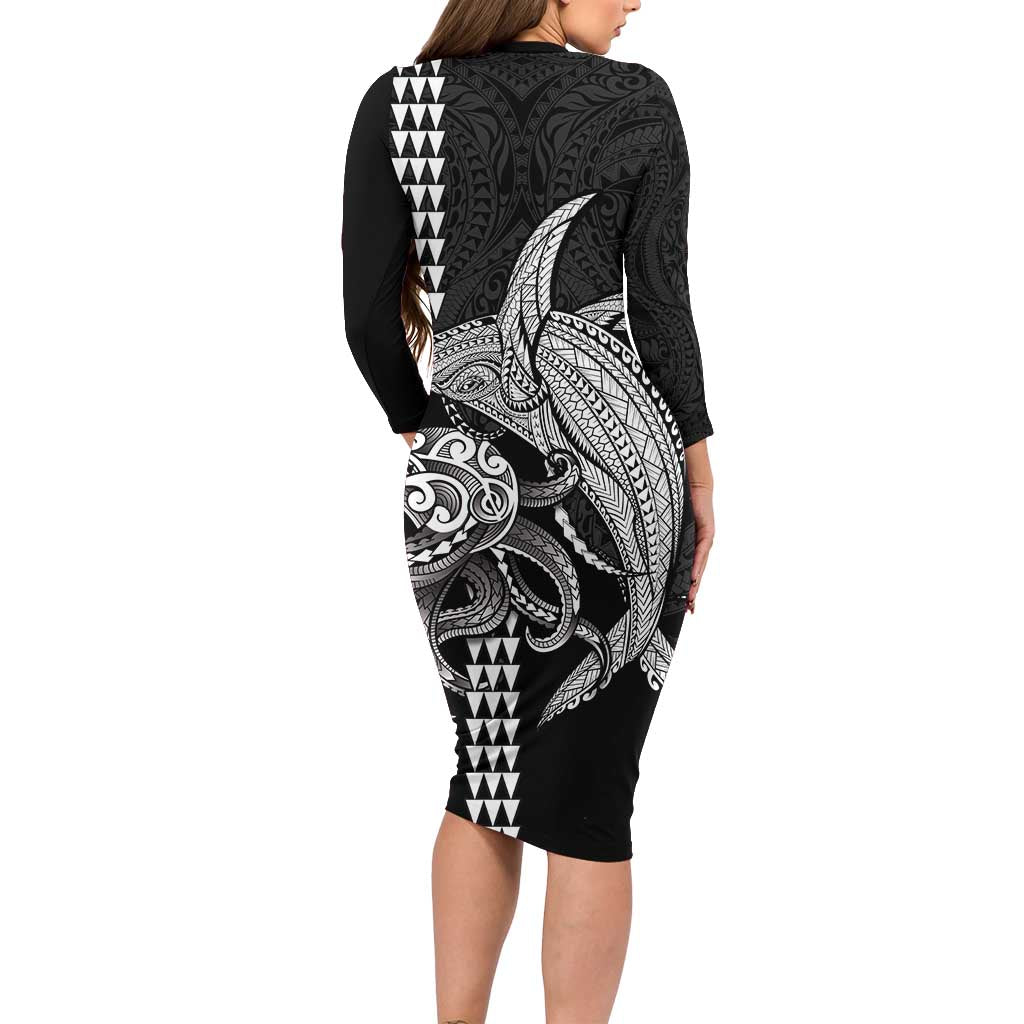 Kanaloa Aloha Hawaii Family Matching Long Sleeve Bodycon Dress and Hawaiian Shirt Humpback Whale Octopus Tattoo Kakau Pattern
