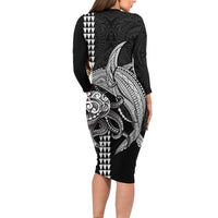 Kanaloa Aloha Hawaii Family Matching Long Sleeve Bodycon Dress and Hawaiian Shirt Humpback Whale Octopus Tattoo Kakau Pattern