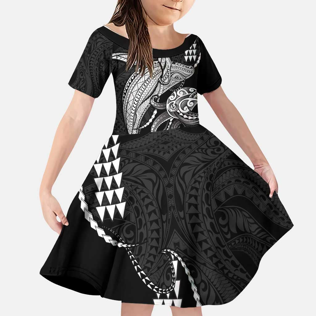 Kanaloa Aloha Hawaii Family Matching Off The Shoulder Long Sleeve Dress and Hawaiian Shirt Humpback Whale Octopus Tattoo Kakau Pattern