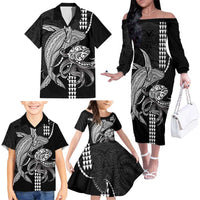 Kanaloa Aloha Hawaii Family Matching Off The Shoulder Long Sleeve Dress and Hawaiian Shirt Humpback Whale Octopus Tattoo Kakau Pattern