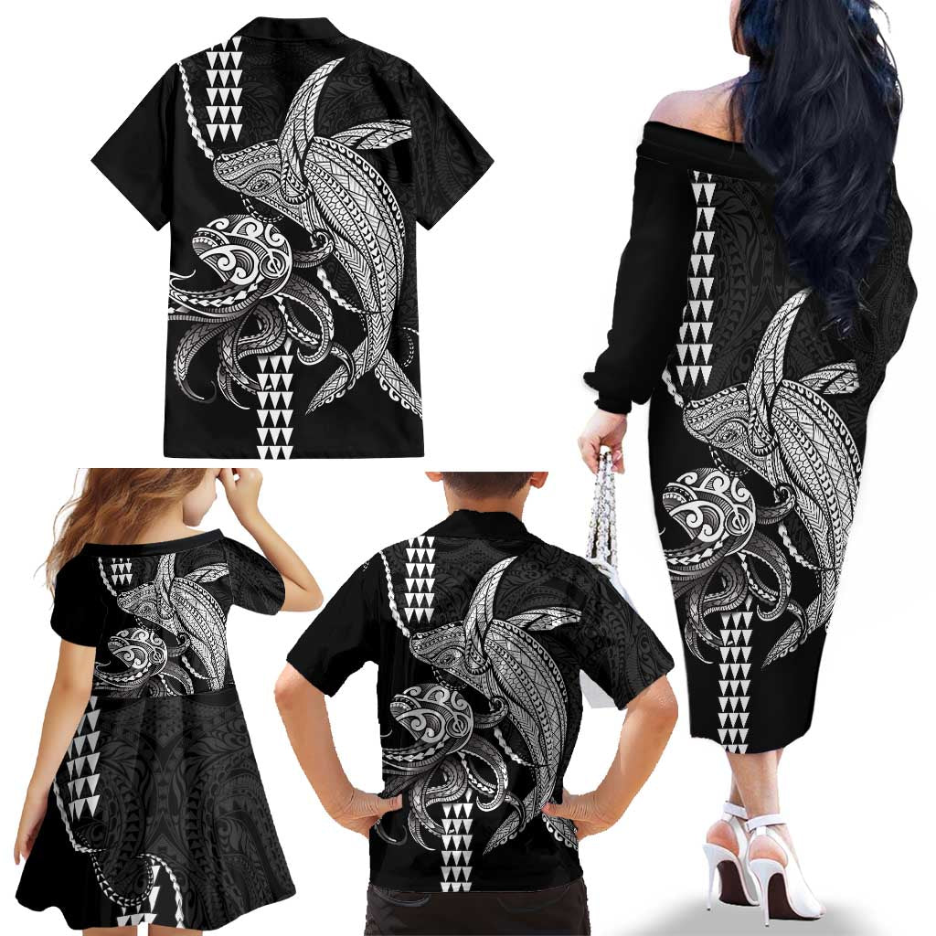 Kanaloa Aloha Hawaii Family Matching Off The Shoulder Long Sleeve Dress and Hawaiian Shirt Humpback Whale Octopus Tattoo Kakau Pattern