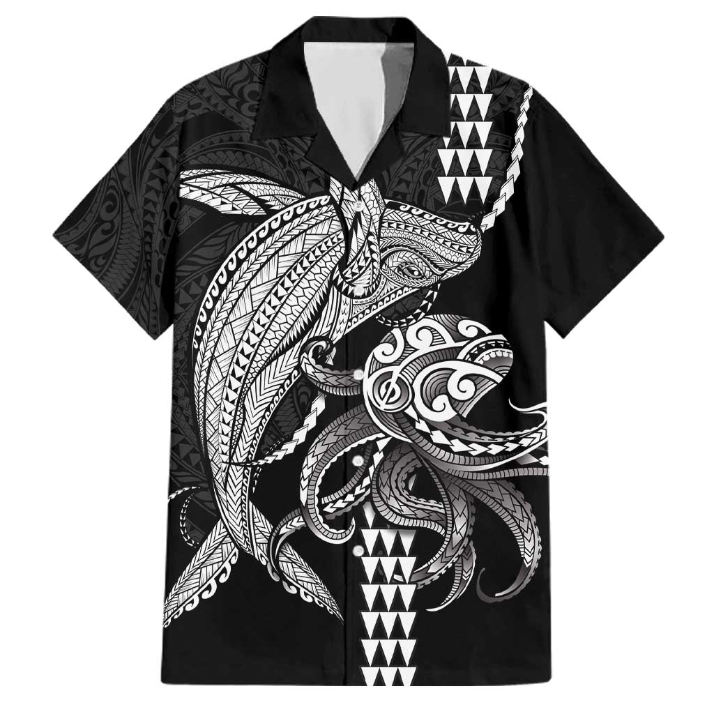 Kanaloa Aloha Hawaii Family Matching Off The Shoulder Long Sleeve Dress and Hawaiian Shirt Humpback Whale Octopus Tattoo Kakau Pattern