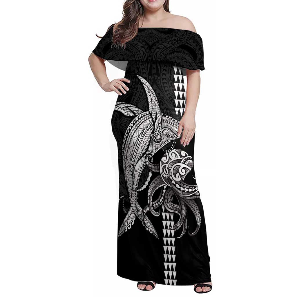 Kanaloa Aloha Hawaii Family Matching Off Shoulder Maxi Dress and Hawaiian Shirt Humpback Whale Octopus Tattoo Kakau Pattern