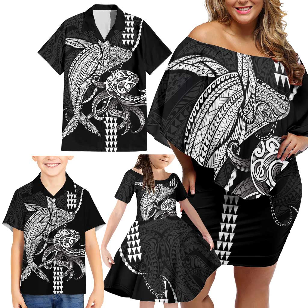 Kanaloa Aloha Hawaii Family Matching Off Shoulder Short Dress and Hawaiian Shirt Humpback Whale Octopus Tattoo Kakau Pattern