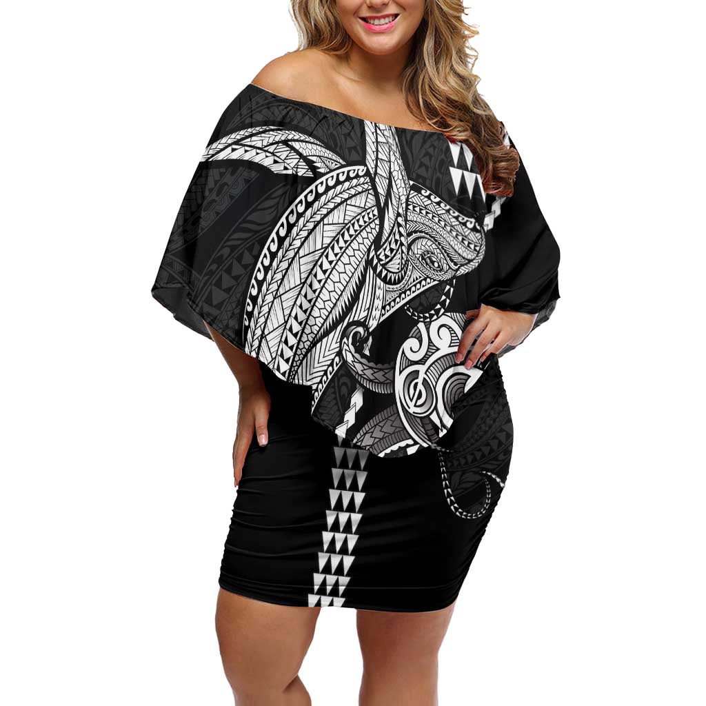 Kanaloa Aloha Hawaii Family Matching Off Shoulder Short Dress and Hawaiian Shirt Humpback Whale Octopus Tattoo Kakau Pattern
