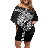 Kanaloa Aloha Hawaii Family Matching Off Shoulder Short Dress and Hawaiian Shirt Humpback Whale Octopus Tattoo Kakau Pattern
