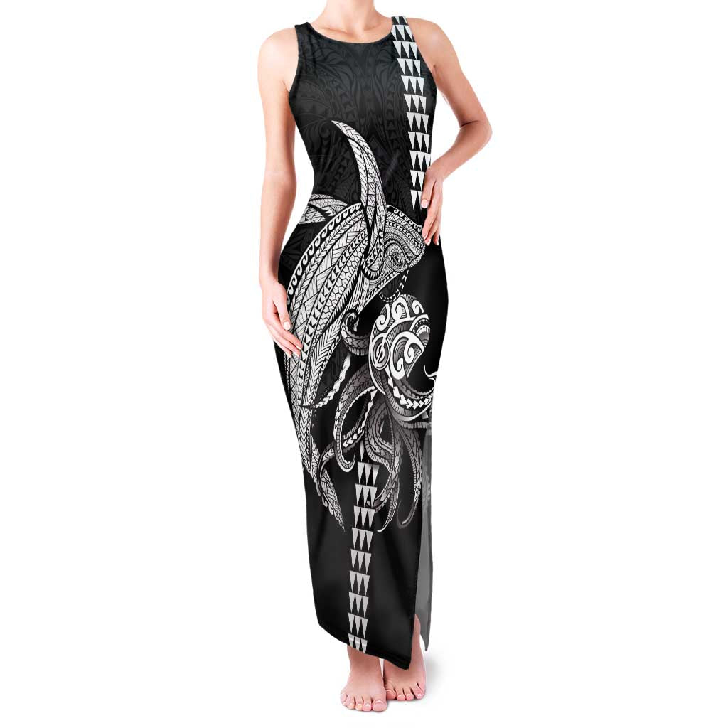 Kanaloa Aloha Hawaii Family Matching Tank Maxi Dress and Hawaiian Shirt Humpback Whale Octopus Tattoo Kakau Pattern