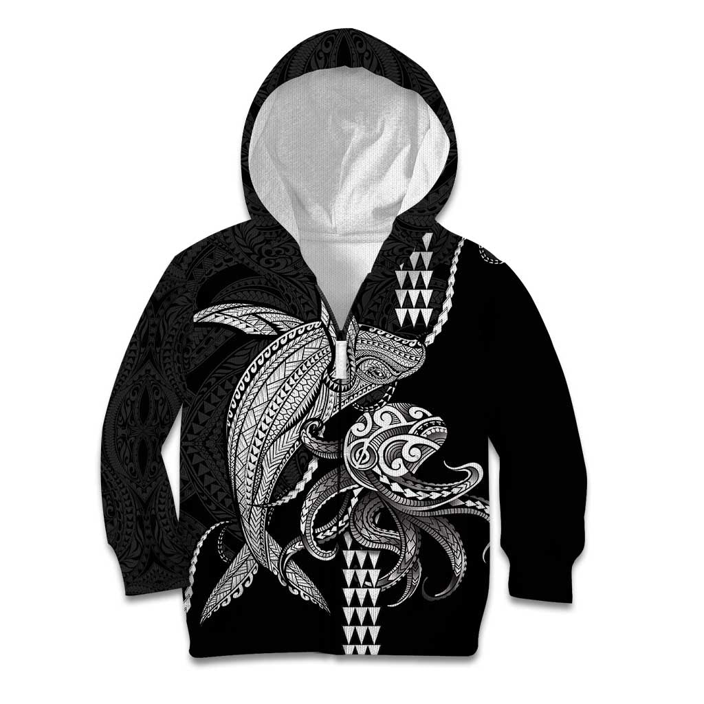 Kanaloa Aloha Hawaii Kid Hoodie Humpback Whale Octopus Tattoo Kakau Pattern LT14 Zip Hoodie Black - Polynesian Pride