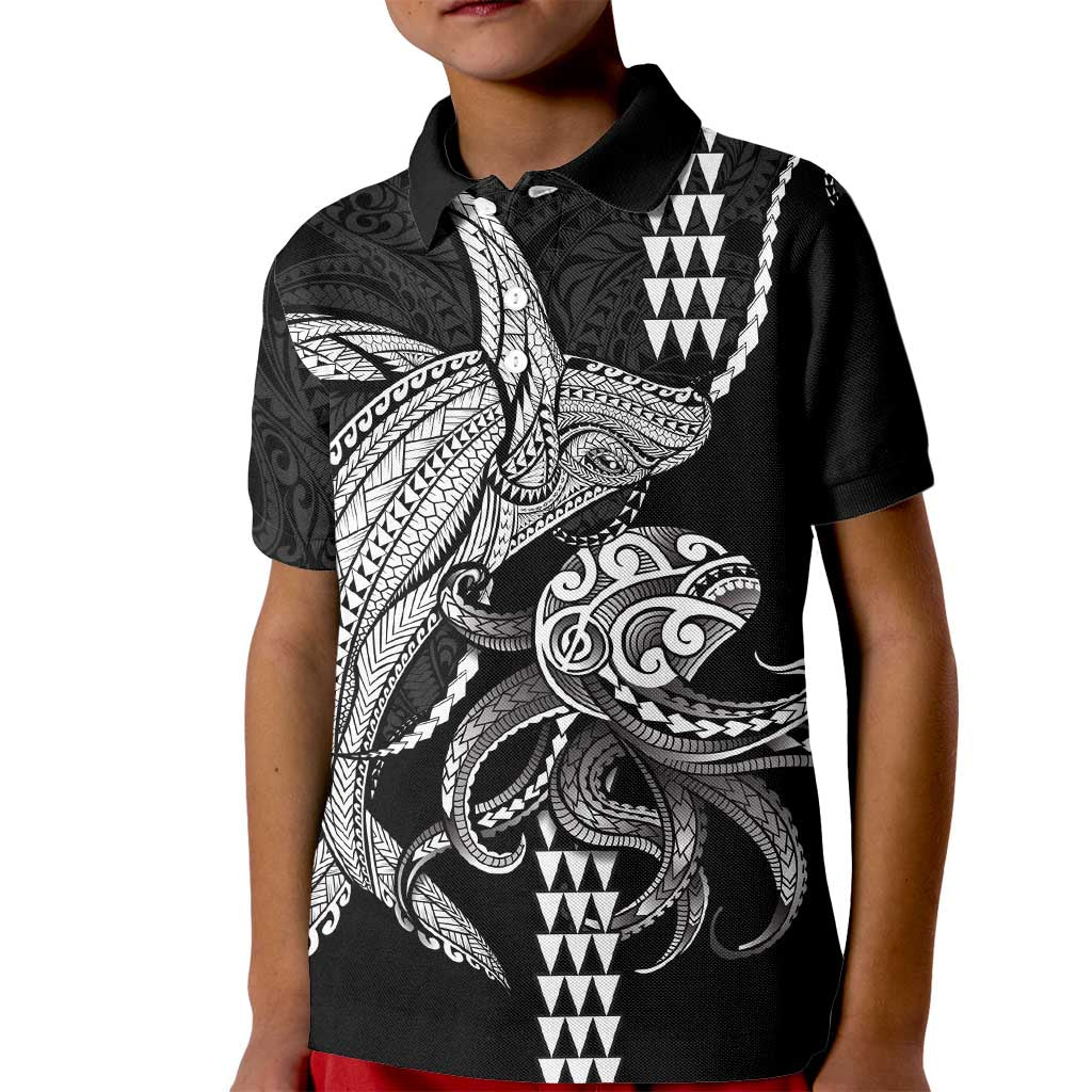 Kanaloa Aloha Hawaii Kid Polo Shirt Humpback Whale Octopus Tattoo Kakau Pattern LT14 Kid Black - Polynesian Pride