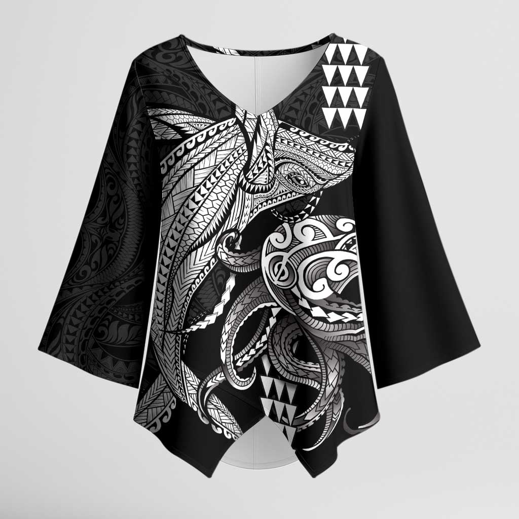 Kanaloa Aloha Hawaii Kimono Sleeve Blouse Humpback Whale Octopus Tattoo Kakau Pattern LT14 Female Black - Polynesian Pride
