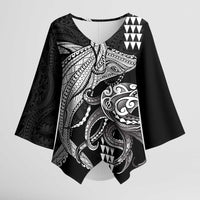 Kanaloa Aloha Hawaii Kimono Sleeve Blouse Humpback Whale Octopus Tattoo Kakau Pattern LT14 Female Black - Polynesian Pride
