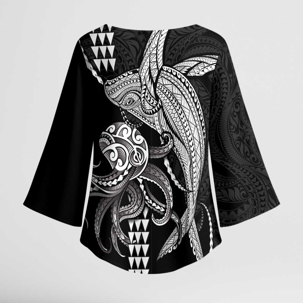 Kanaloa Aloha Hawaii Kimono Sleeve Blouse Humpback Whale Octopus Tattoo Kakau Pattern LT14 - Polynesian Pride