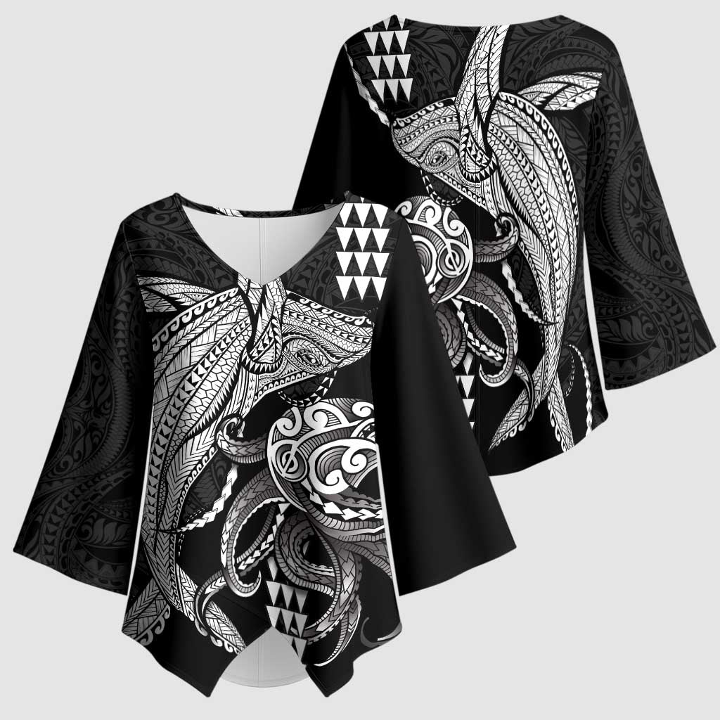 Kanaloa Aloha Hawaii Kimono Sleeve Blouse Humpback Whale Octopus Tattoo Kakau Pattern LT14 - Polynesian Pride