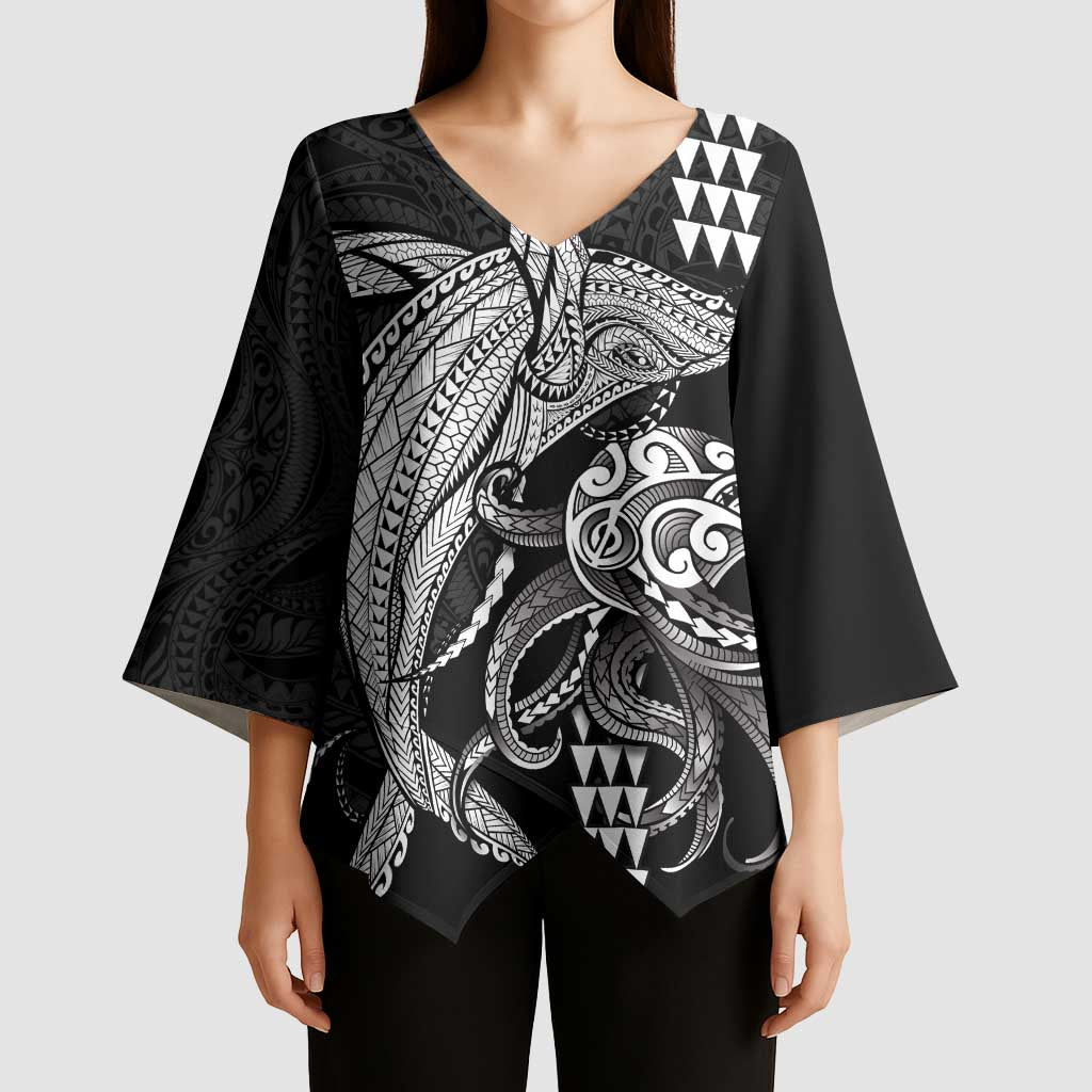 Kanaloa Aloha Hawaii Kimono Sleeve Blouse Humpback Whale Octopus Tattoo Kakau Pattern LT14 - Polynesian Pride