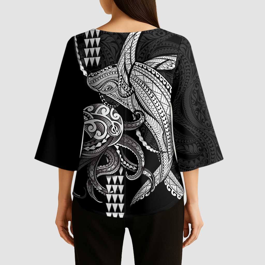 Kanaloa Aloha Hawaii Kimono Sleeve Blouse Humpback Whale Octopus Tattoo Kakau Pattern LT14 - Polynesian Pride