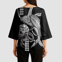 Kanaloa Aloha Hawaii Kimono Sleeve Blouse Humpback Whale Octopus Tattoo Kakau Pattern LT14 - Polynesian Pride