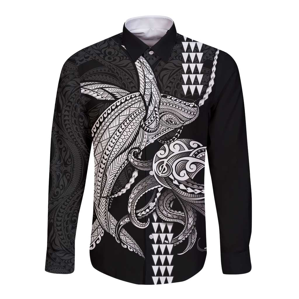 Kanaloa Aloha Hawaii Long Sleeve Button Shirt Humpback Whale Octopus Tattoo Kakau Pattern LT14 Unisex Black - Polynesian Pride